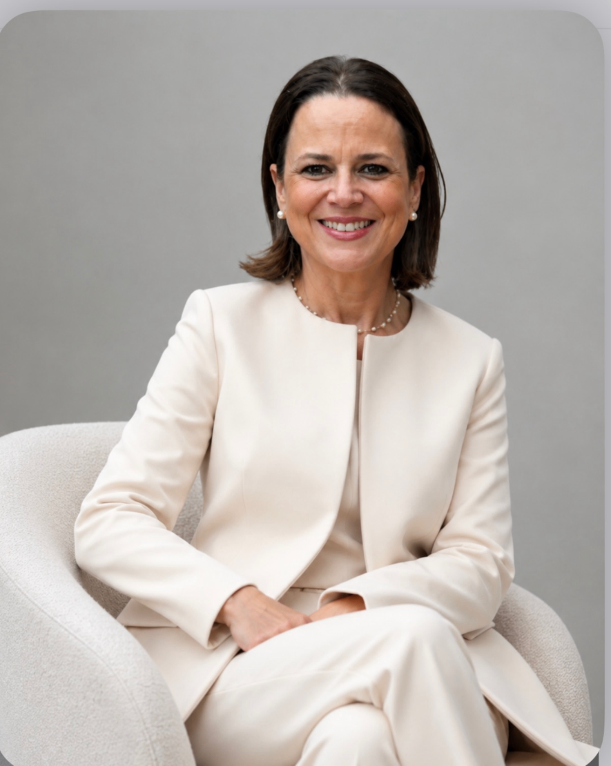 Denisse Maeso seated in a cream suit, photographed for her real estate practice