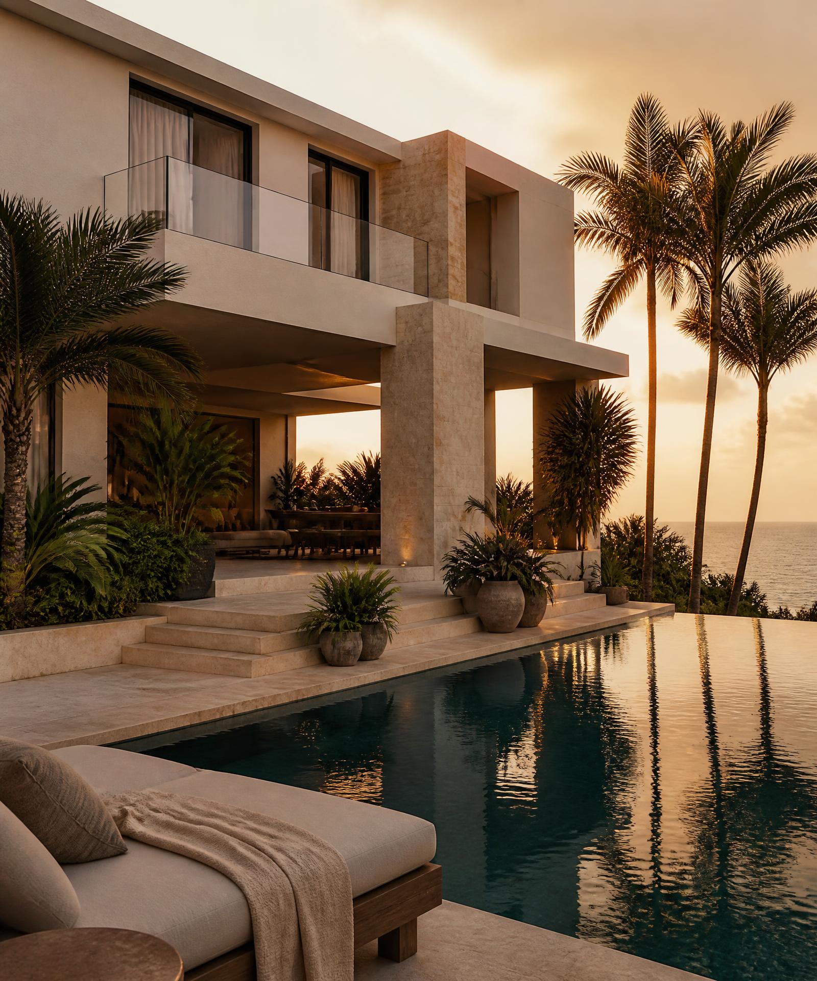 Contemporary limestone residence in Puerto Rico with an infinity pool at golden hour